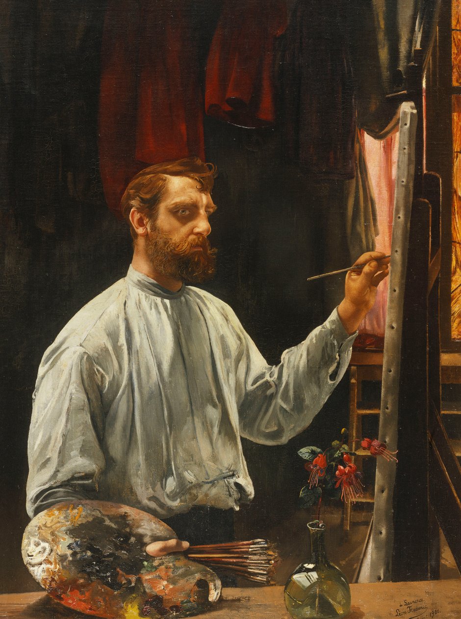 Portrett av Leon Frederic, Stående halv lengde ved hans staffeli, 1900 av Leon Henri Marie Frederic