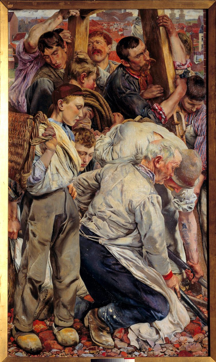 Sosialrealisme: "" Arbeiderens tidsalder"" Venstre del av en triptyk av Leon Henri Frederic (1856-1940) (ec.belg) 1897 Søn. 1,63x0,94 m Paris, musee d