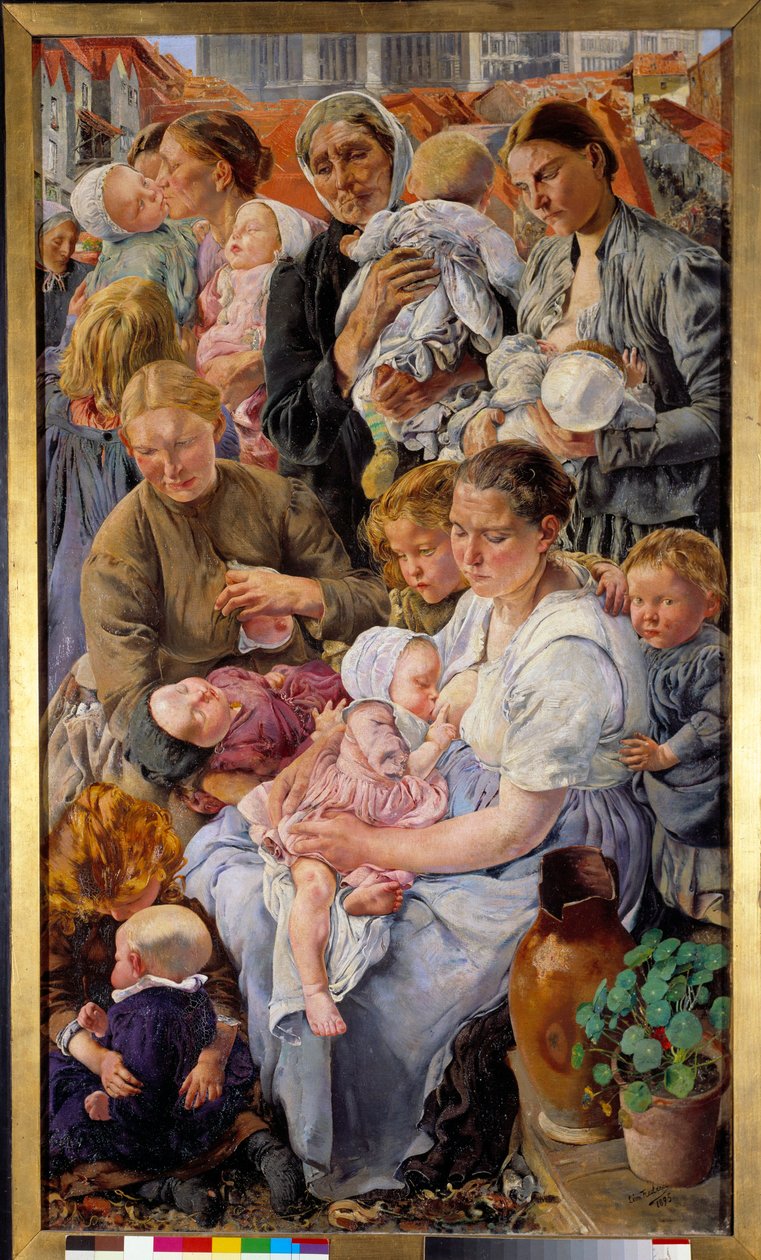Sosialrealisme: "" Arbeiderens tidsalder"" Høyre del av en triptyk av Leon Henri Frederic (1856-1940) (ec.belg) 1895 Søn. 1,63x0,94 m Paris, Musee d'Orsay av Leon Henri Marie Frederic