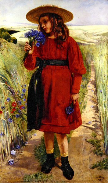 Vår eller, ung jente med kornblomster (olje på lerret) av Leon Henri Marie Frederic
