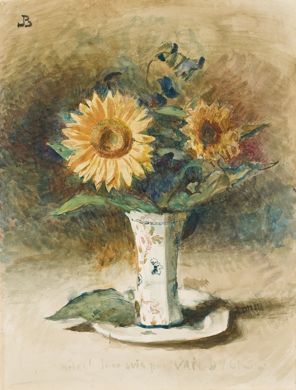 Hélas! Je ne suis pas Van Dyck: to solsikker i en vase (svart kritt, akvarell, lagt om bord) av Leon Joseph Florentin Bonnat