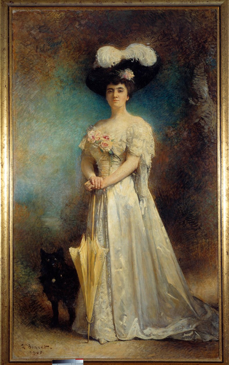 Portrait en pied de madame Maurice Pascal et son chien Tiny Painting av Leon Joseph Bonnat (1833-1922) 1905 Søn. 2,17x0,9 m Pau, musee des Beaux Arts - Portrett i full lengde av Madame Maurice Pascal og hunden hennes, Tiny. Maleri av Leon Joseph Bonnat (18 av Leon Joseph Florentin Bonnat
