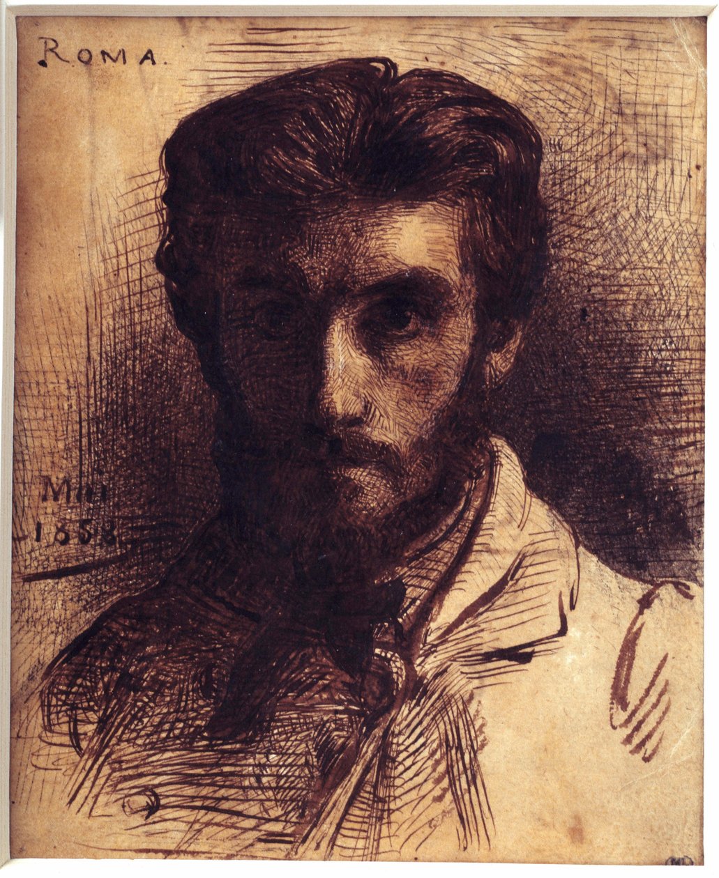 Selvportrett Tegning med penn, vask og blekk av porselen av Leon Joseph Bonnat (1833-1922). mai 1858. Dim. 0,18 x 0,14 m. Paris, Musee d