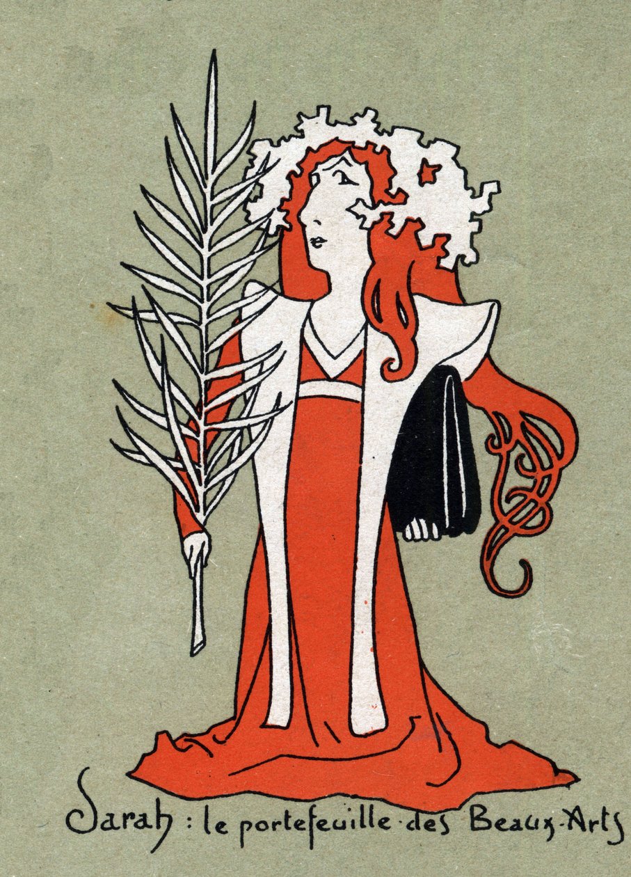Tegneserie av Henriette Rosine Bernard dit Sarah Bernhardt (1844-1923) som en portefølje av kunst - Illustrasjon av Leon Lebegue (1863-1944) - Gravering i "" Le sun-du-dimanche"" av Leon Lebegue
