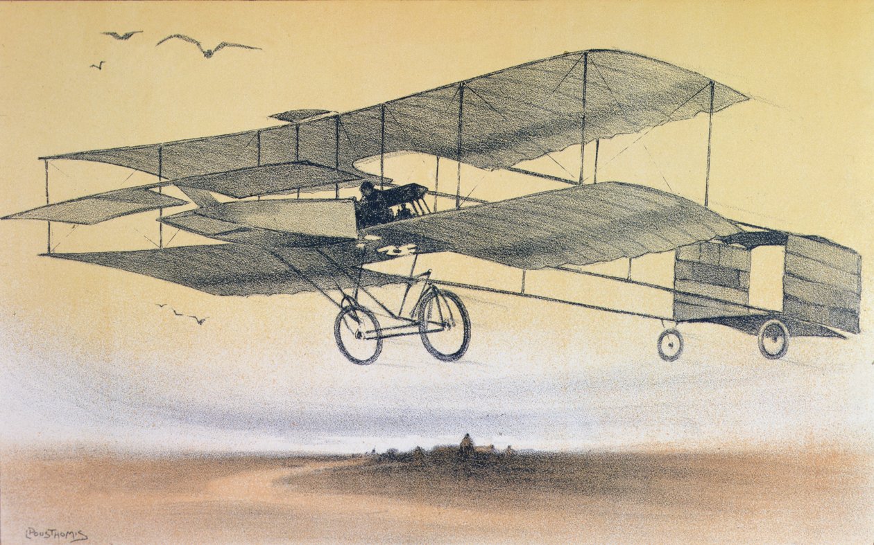 En flytur av Farman Brothers før 1914 (farge litho) av Leon Pousthomis