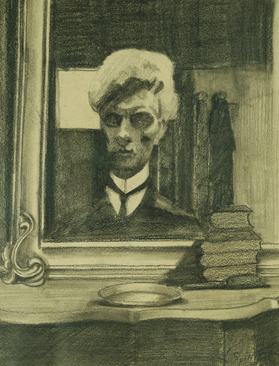 Selvportrett; Autoportrett, ca. 1907 (kull og fargestift på buff-papir) av Leon Spilliaert