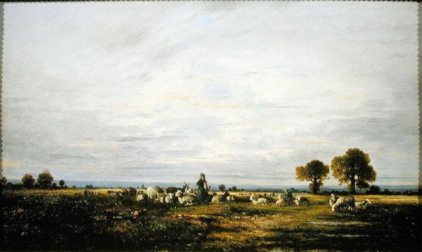 Gjeterinne ser på flokken sin (olje på lerret) av Leon Victor Dupre