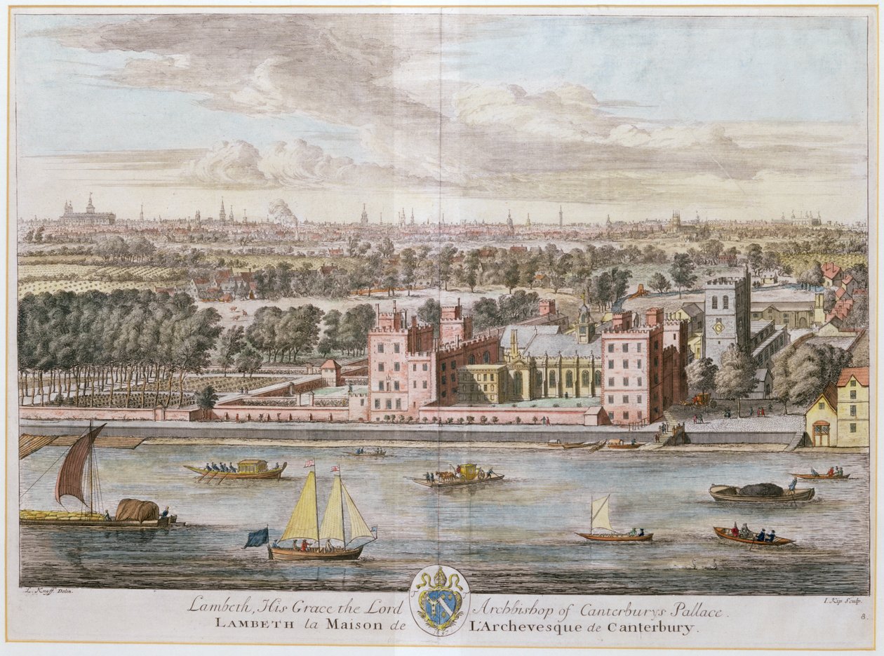 Lambeth Palace, sete for erkebiskopen av Canterbury gravert av Johannes Kip (ca. 1652-1722) av Leonard Knyff