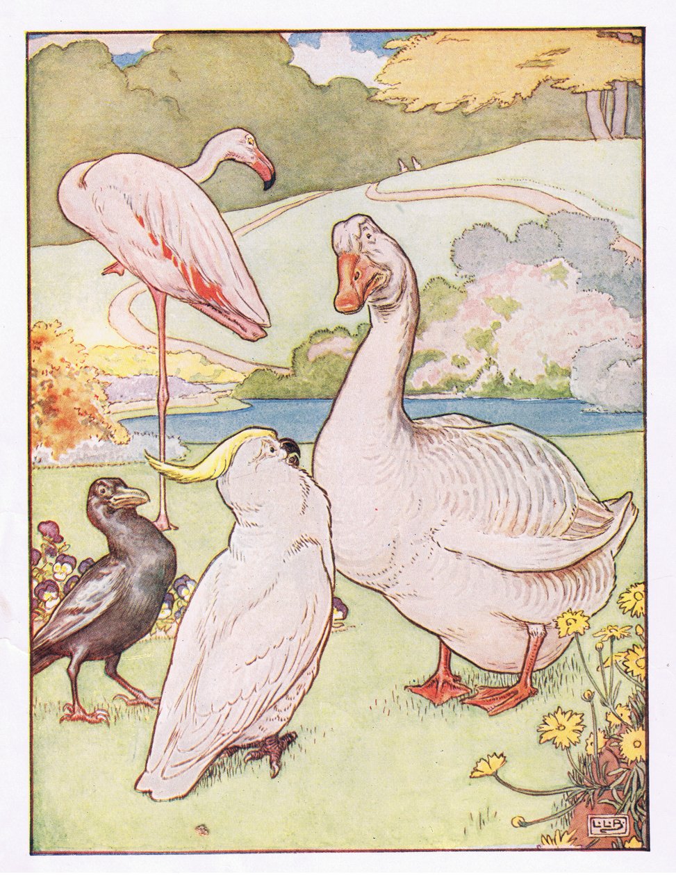 Og gander forsto henne ikke, illustrasjon fra 'Johnny Crow's Party', ca. 1930 av Leonard Leslie Brooke