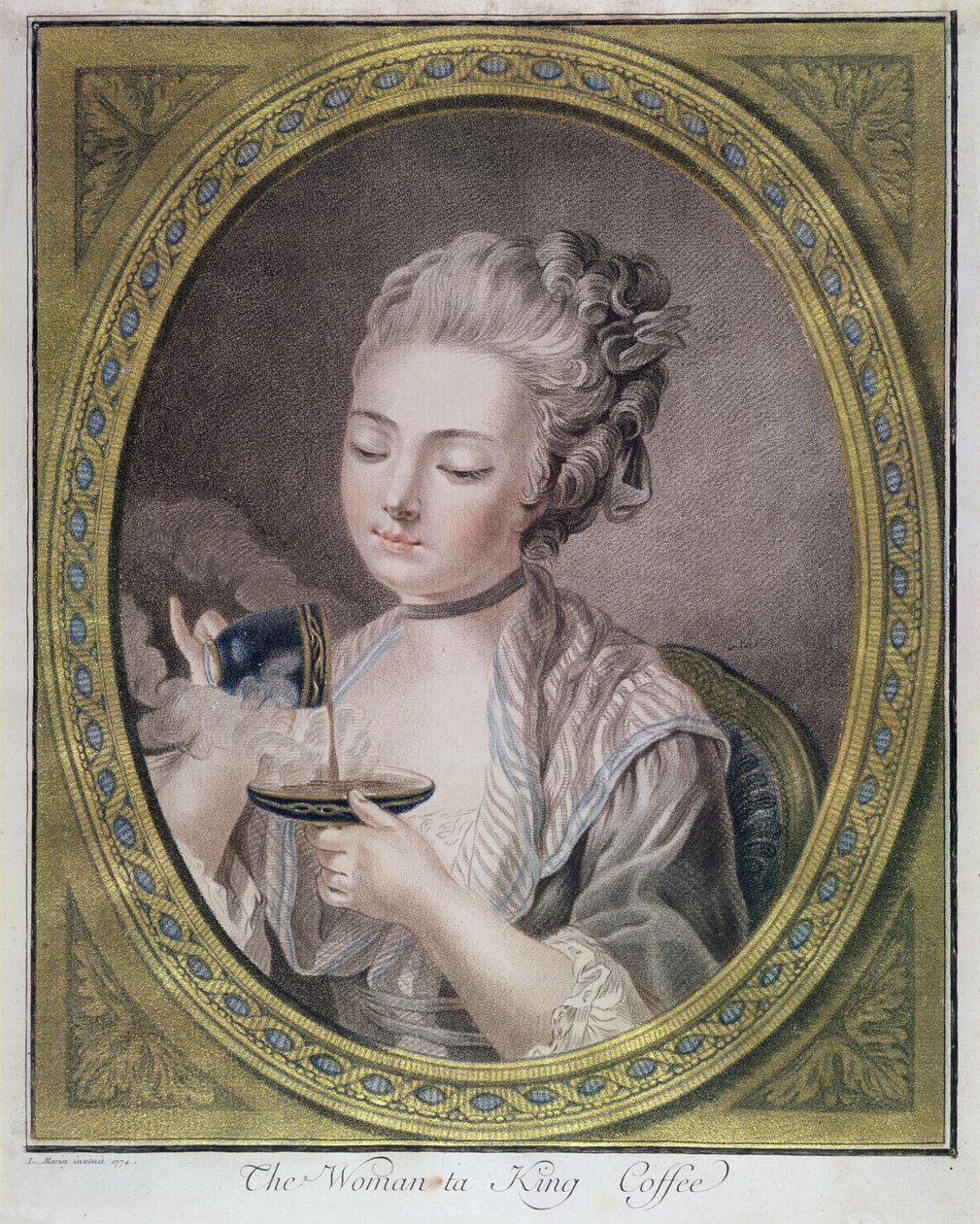 The Woman Taring Coffee, ca. 1774 (gravering med fargestifter, farget og forsterket med gull) av Leonardo Marini
