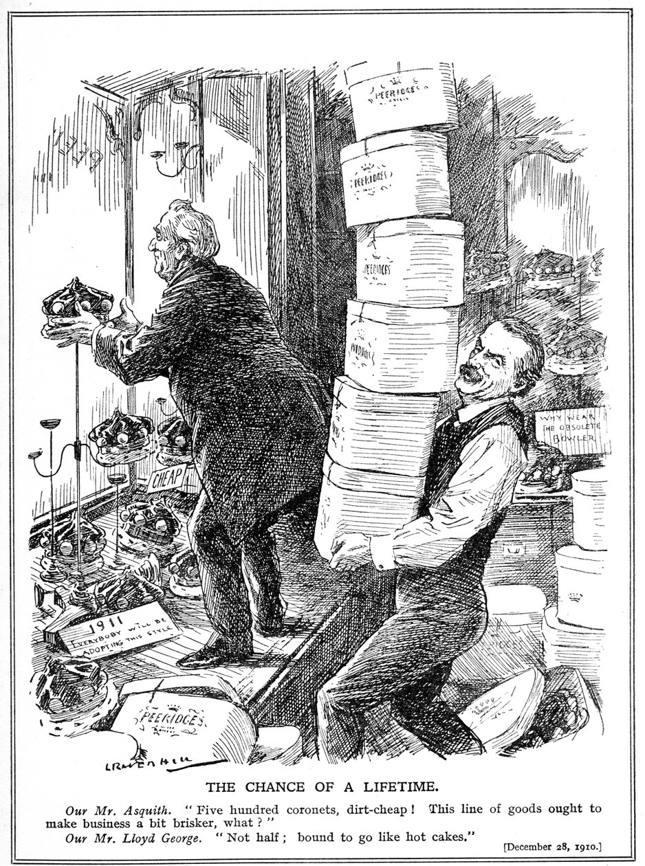 Asquith og Lloyd George forbereder seg på å opprette 500 ekstra jevnaldrende for å overvinne motstanden fra House of Lords mot reform, 1910 av Leonard Raven Hill