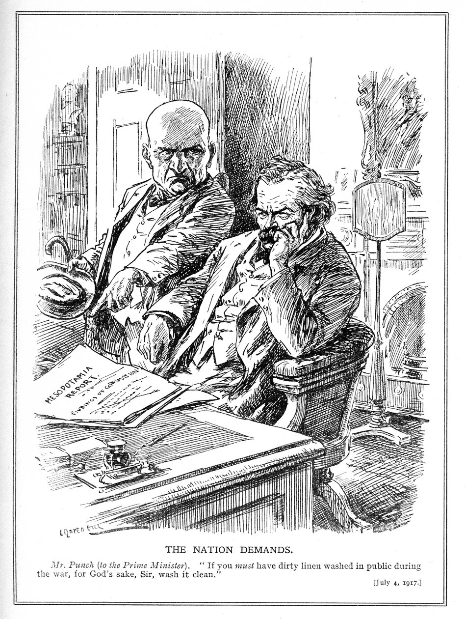 LLoyd George blir irettesatt av Mr. Punch over rapporten om den britiske invasjonen av Irak (Mesopotamia) i 1914, tegneserie fra magasinet Punch, juli 1917 av Leonard Raven Hill