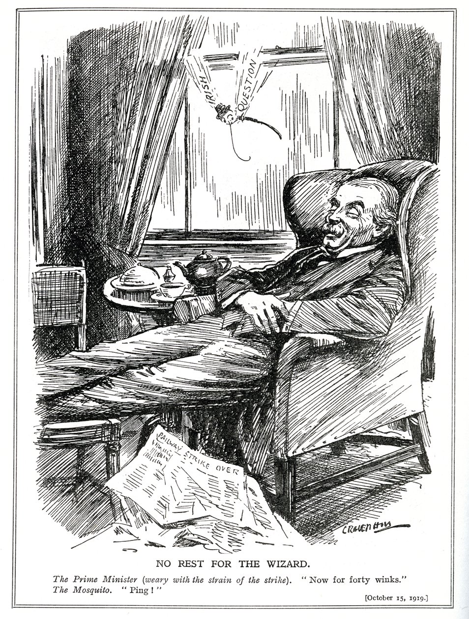 Lloyd George er forhindret fra å hvile av vanskene forårsaket av industriell uro i Storbritannia og i tillegg problemene i Irland, oktober 1919 av Leonard Raven Hill