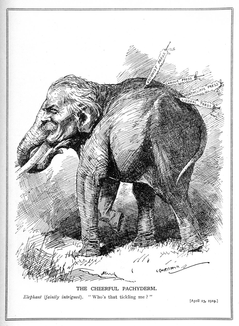 Lloyd George, fremstilt som en elefant, legger ikke merke til pressekritikk, april 1919 av Leonard Raven Hill