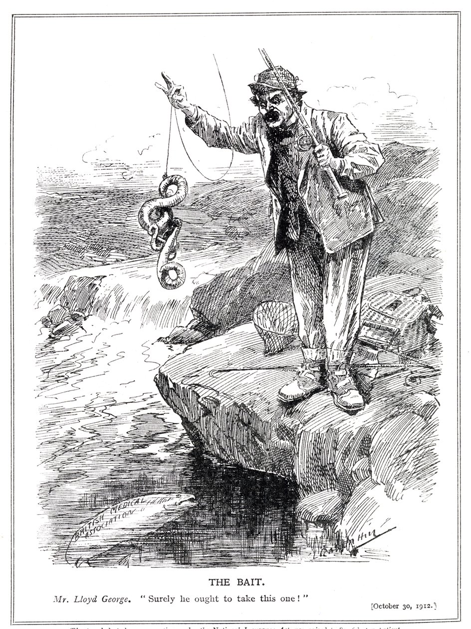 Lloyd George prøver å vinne over den medisinske profesjonen til godkjenning av National Insurance Act, 1912 av Leonard Raven Hill