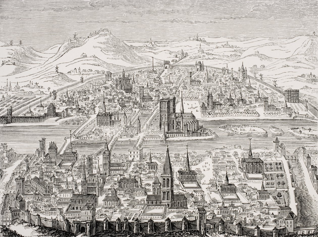 Faksimile av en kobberplate med perspektivutsikt over Paris i 1607 av Leonard after Gaultier