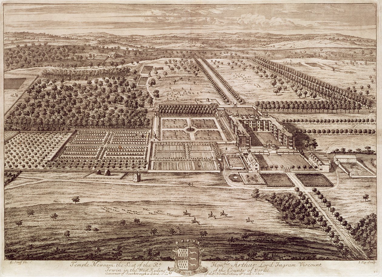 Prospekt av Temple Newsam House fra øst, gravert av Jan Kip (ca. 1652-1722) 1702 (gravering) av Leonard (after) Knyff