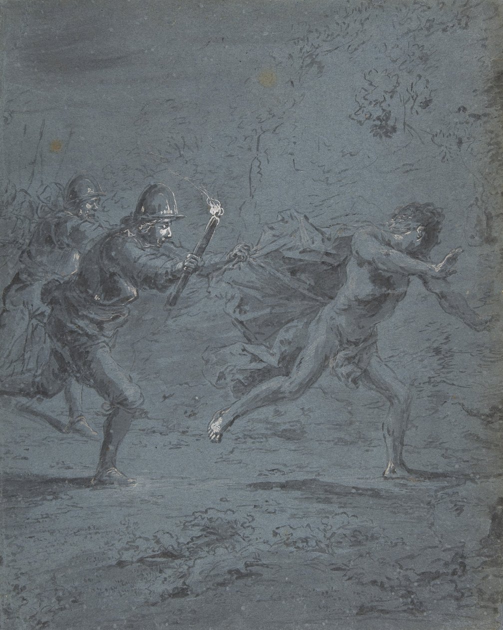 Nattscene med soldater som jager en flyktning Mark XIV, 5-52, 1611-74. av Leonard Bramer