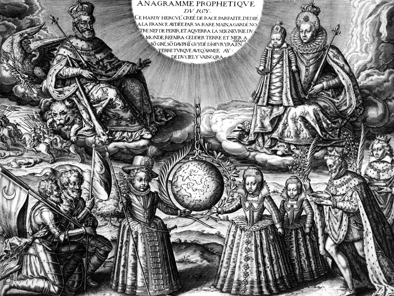 Fransk kongefamilie i 1607 (propaganda): Den franske kongen Henri IV og hans kone dronning Marie de Medicis holder datteren Christine ; nederst: deres andre barn: fremtiden Ludvig XIII, Elisabeth og Henriette-Marie. På r : kongen fulgt av sin syke av Leonard Gaultier