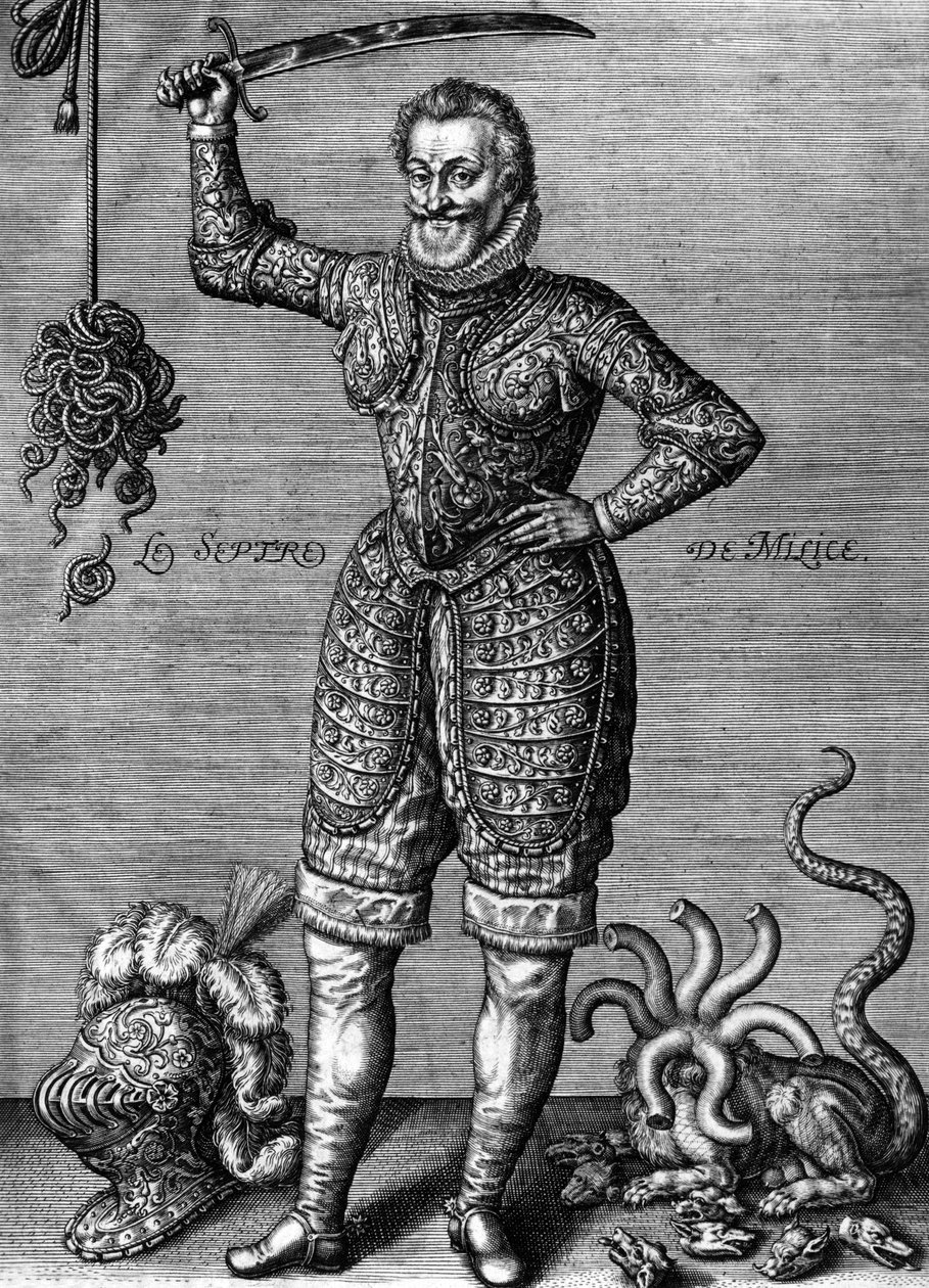 Henri IV (1553-1610) fransk konge i 1589-1610, her iført en rustning, holder et sverd, som en rettsretting av urett, gravering av Leonard Gaultier av Leonard Gaultier