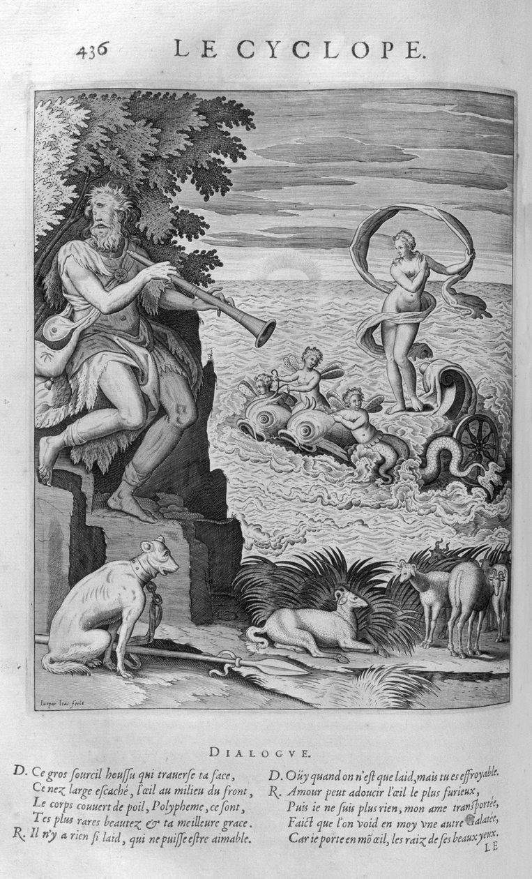 Polyphemus, den gigantiske sønnen til Poseidon og Thoosa i gresk mytologi, en av syklopene beskrevet i Odyssey av Leonard Gaultier