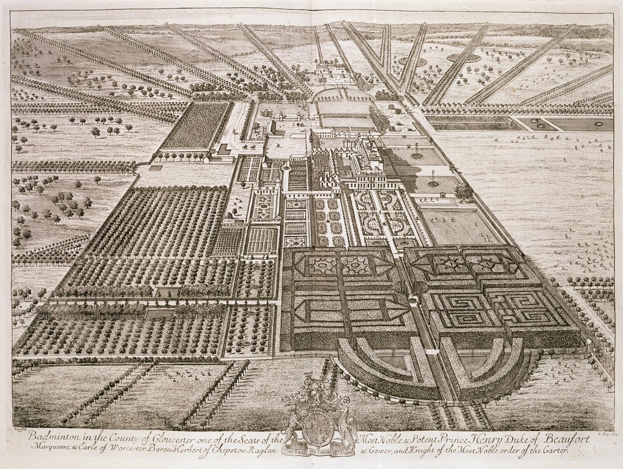 Badmintonhus i fylket Gloucester, gravert av Johannes Kip (ca. 1652-1722) (se også 192764) av Leonard Knyff