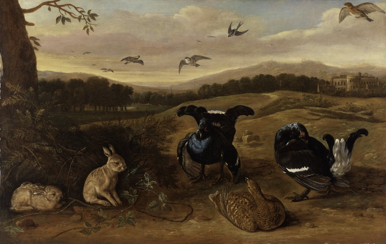 Svart vilt, kaniner og svaler i en park, ca. 1700 (olje på lerret) av Leonard Knyff