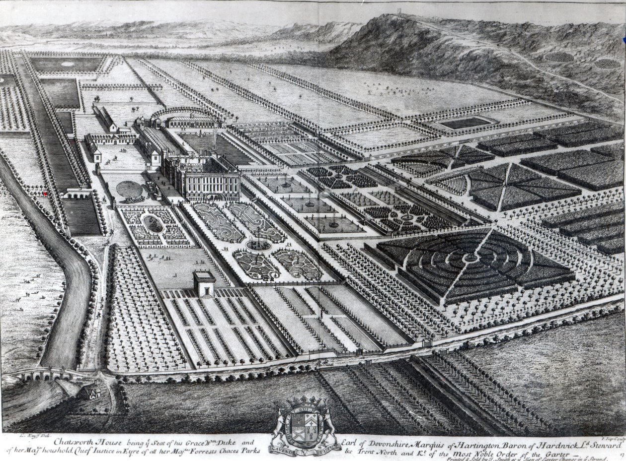 Chatsworth House, gravert av Johannes Kip av Leonard Knyff