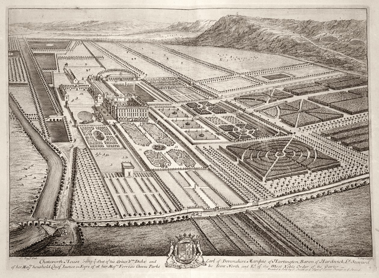 Chatsworth House, sete for William Cavendish (1640-1707) 1. hertug av Devonshire, gravert av Johannes Kip (ca. 1652-1722) av Leonard Knyff