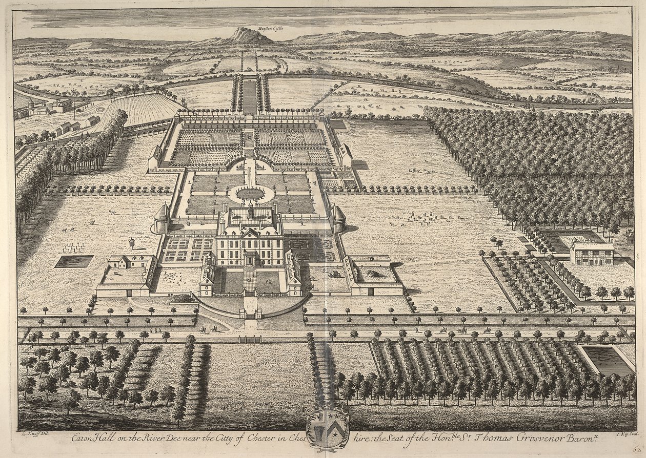 Eaton Hall ved elven Dee nær byen Chester i Cheshire, sete for den ærede Sir Thomas Grosvenor (gravering) av Leonard Knyff