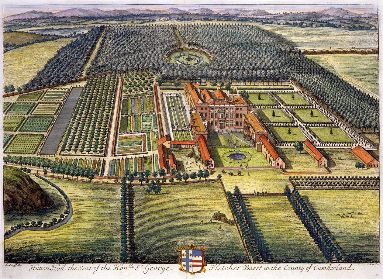 Hutton Hall i fylket Cumberland gravert av Johannes Kip (ca. 1652-1722) av Leonard Knyff