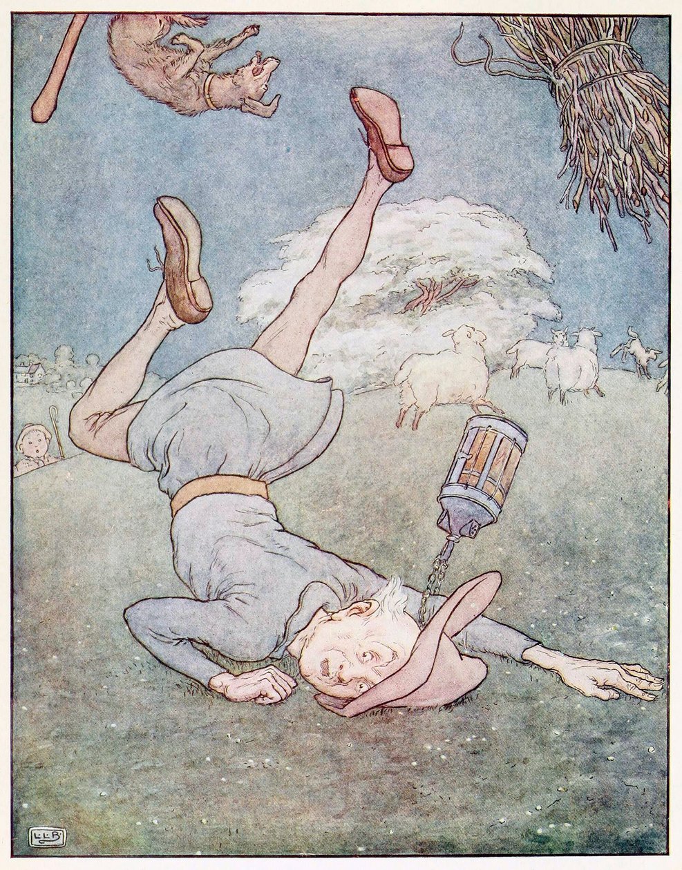 Mannen i månen kom veltende ned, fra A Nursery Rhyme Picture Book, pub. 1914. av Leonard Leslie Brooke