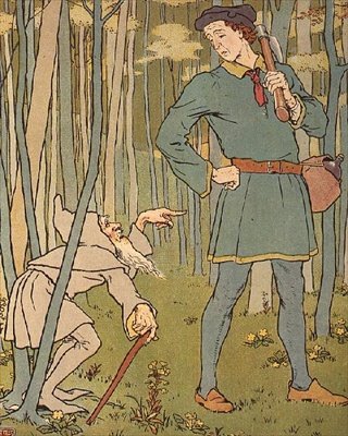 Vi møtte en liten gammel mann. Illustrasjon fra The Golden Goose av Leonard Leslie Brooke