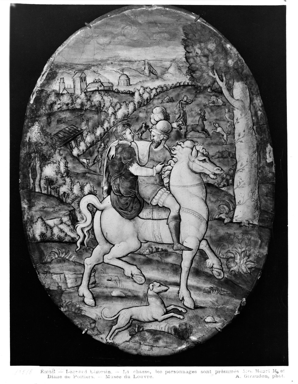 Jakt, portrett antas å være Henri II (1519-59) og Diane de Poitiers (1499-1566) (emalje) av Leonard Limosin