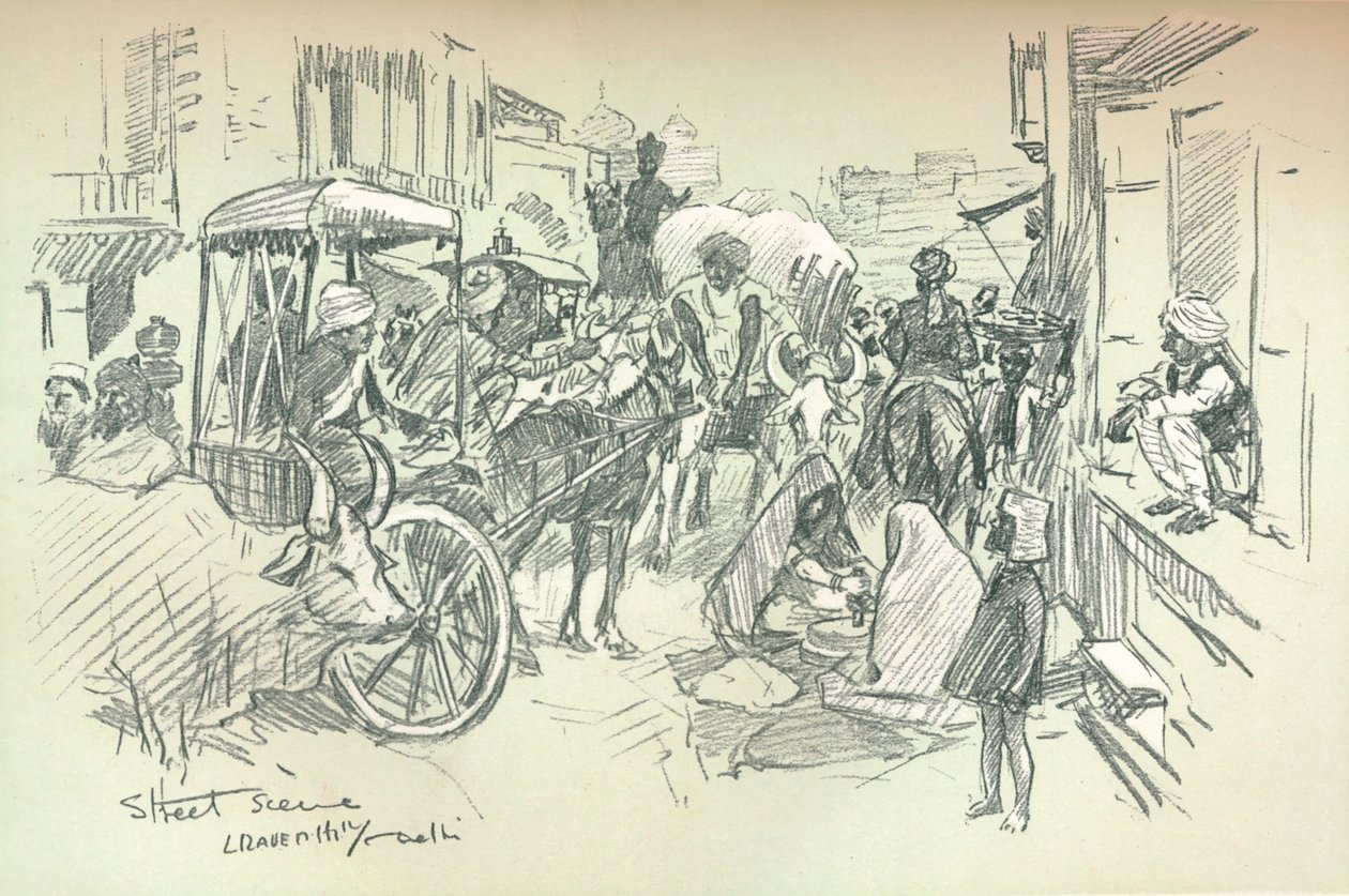 En gatescene i Delhi, c1903 av Leonard Raven Hill