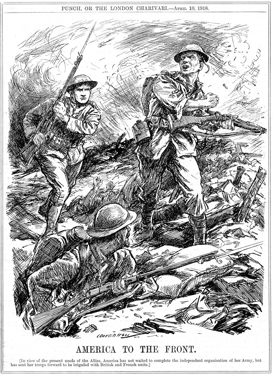 Amerikanske forsterkninger for å hjelpe de allierte troppene før den viktigste amerikanske hæren ankom, 1. verdenskrig, 1918 av Leonard Raven Hill