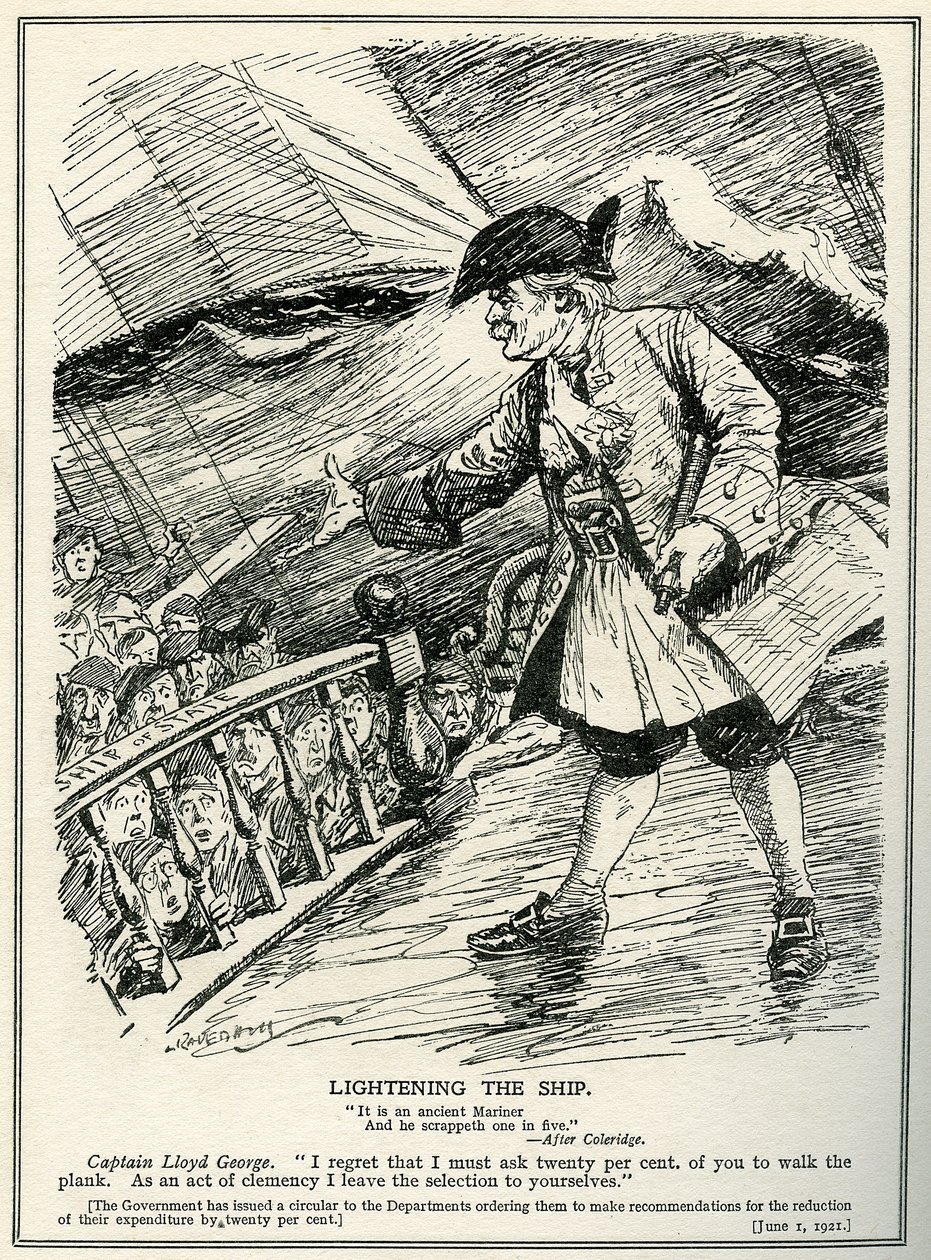 Offentlige avdelinger er instruert av Lloyd George om å kutte i utgiftene på tjue prosent, 1921 av Leonard Raven Hill