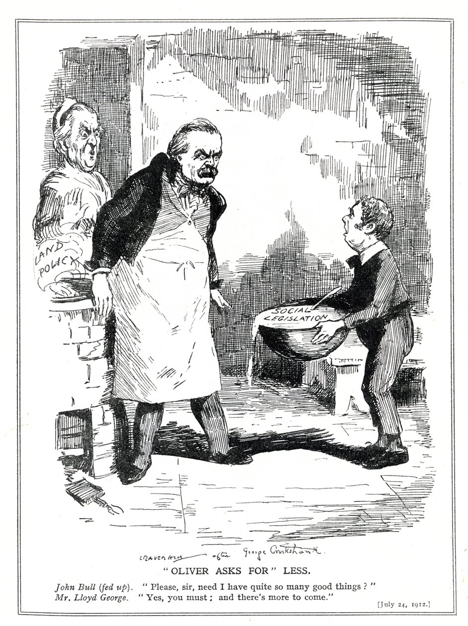 John Bull klager til Lloyd George over at det er for mye reform i hans sosiallovgivning og landpolitiske reformer, 1912 av Leonard Raven Hill