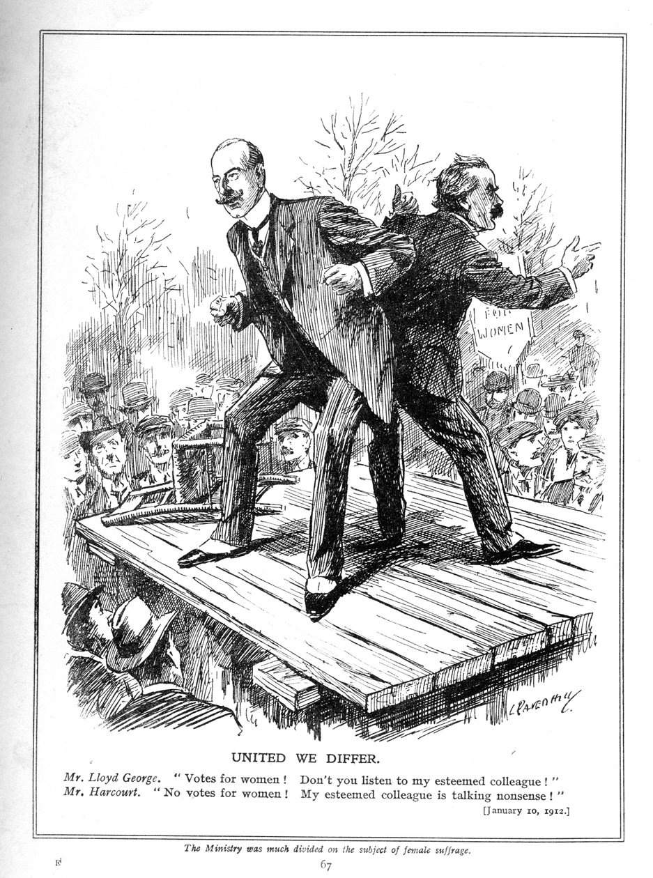Lloyd George og Harcourt, begge ministre i den liberale regjeringen, er uenige om å gi stemmer til kvinner, 1910 av Leonard Raven Hill