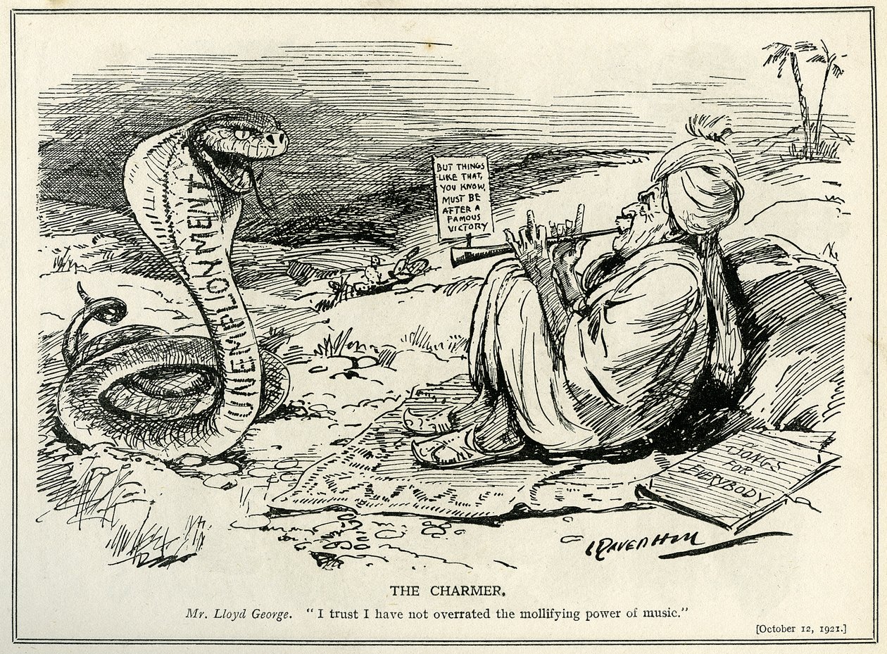 Lloyd George sjarmerer The Serpent of Unemployment, 1921 av Leonard Raven Hill