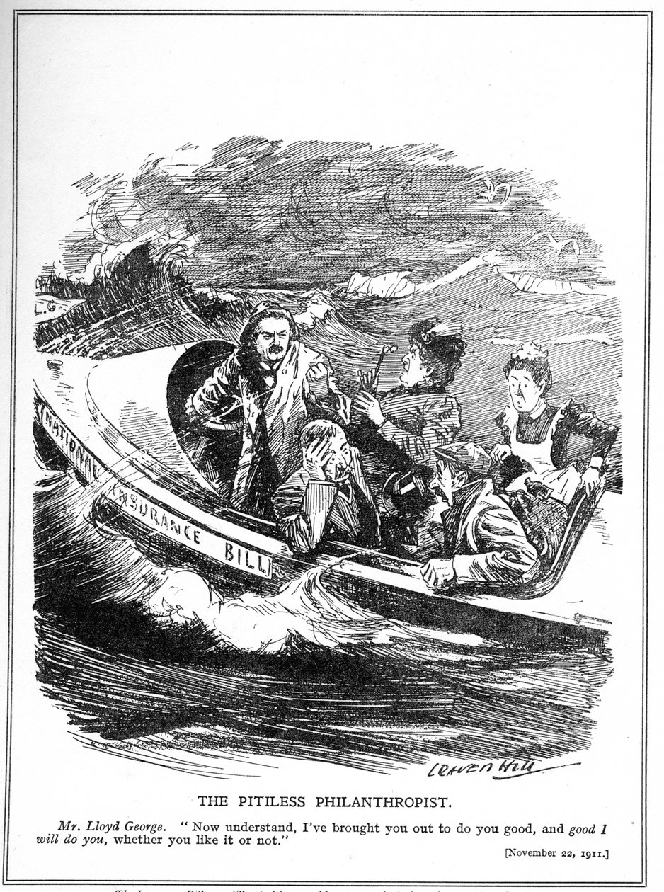 Lloyd George, avbildet som en livbåtseiler, møter motstand mot sin National Insurance Act, 1911 av Leonard Raven Hill