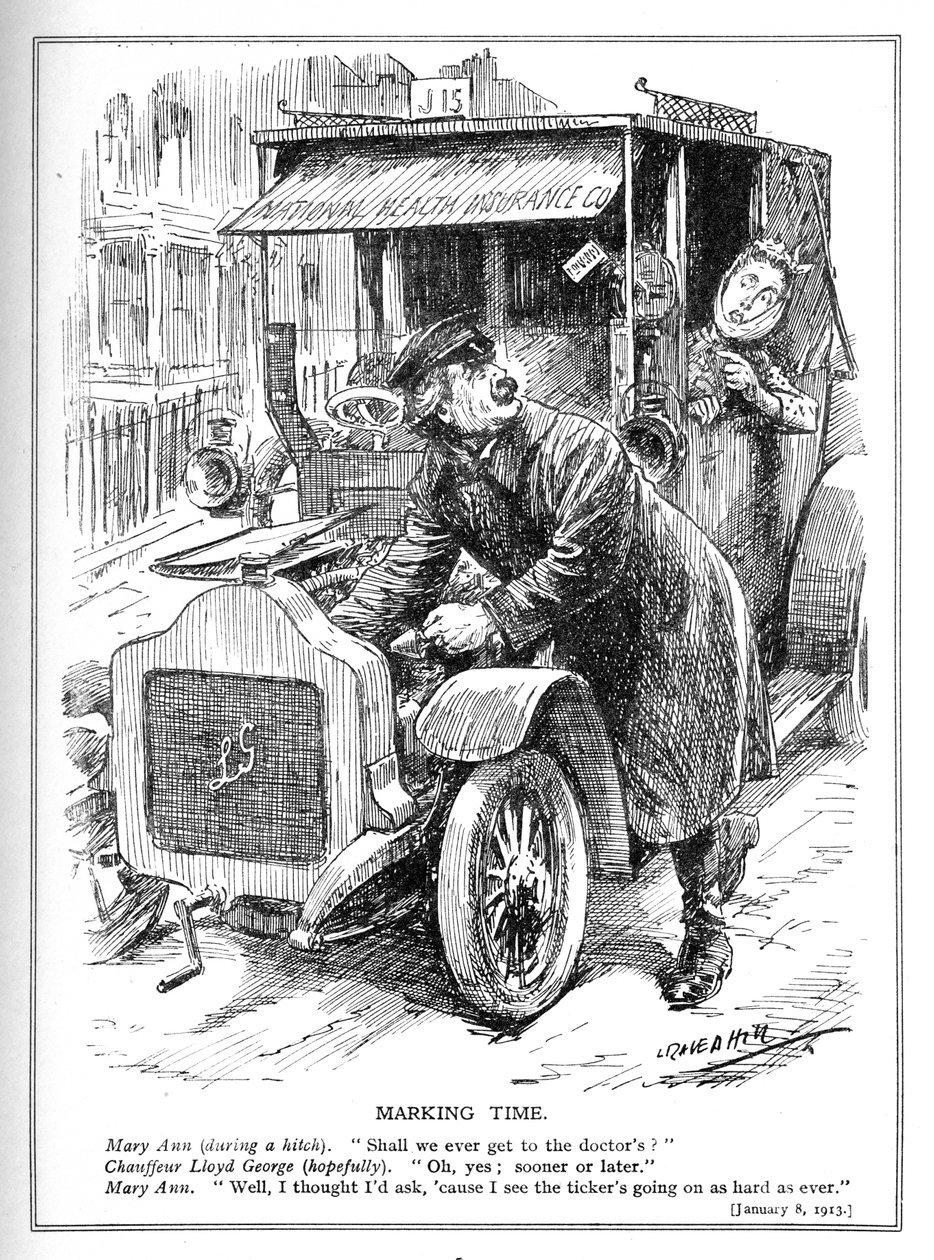 Lloyd George blir forsinket med å ta en pasient til legen i henhold til National Health Insurance Act, 1913 av Leonard Raven Hill