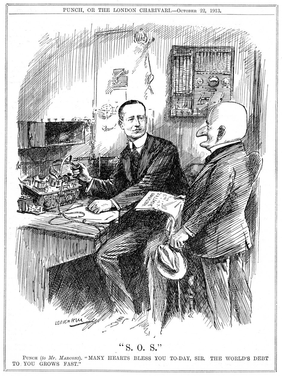 Punch takket Marconi for trådløs telegrafi som reddet liv til sjøs, 1913 av Leonard Raven Hill