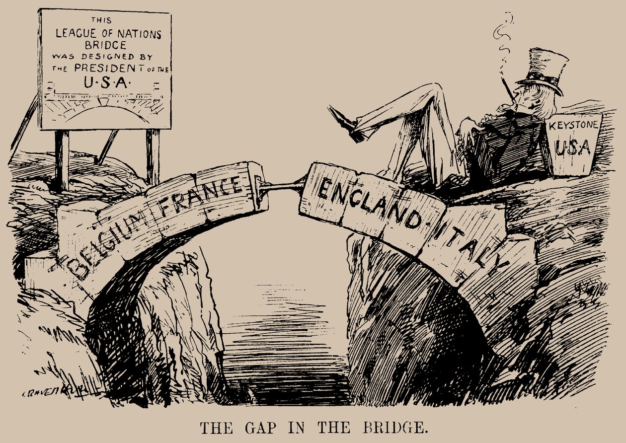 Gap in the Bridge. Tegneserie om USAs fravær i Folkeforbundet, desember 1919. av Leonard Raven Hill