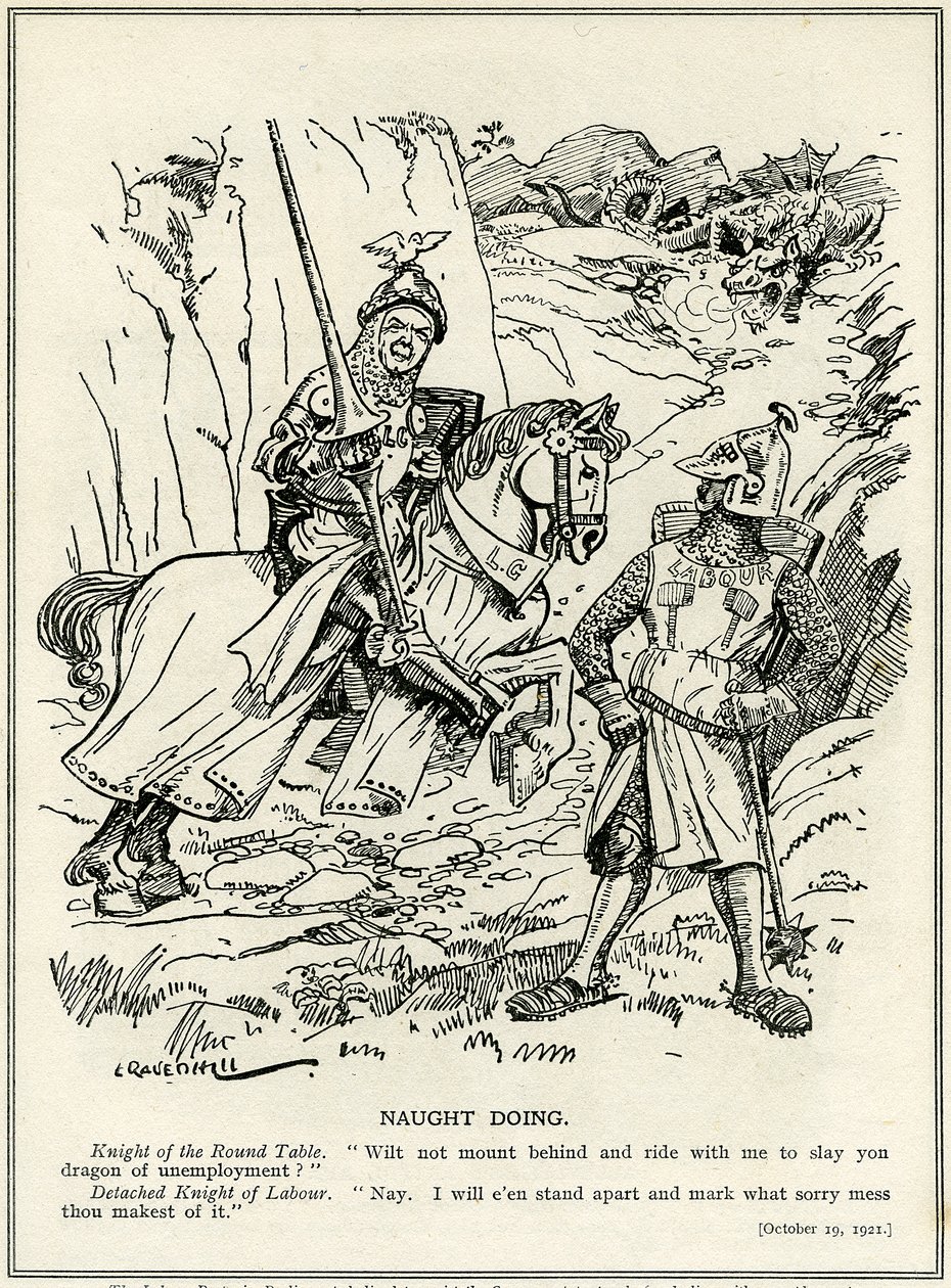 Arbeiderpartiet nekter å slutte seg til Lloyd George i å drepe arbeidsledighetens drage, 1921 av Leonard Raven Hill