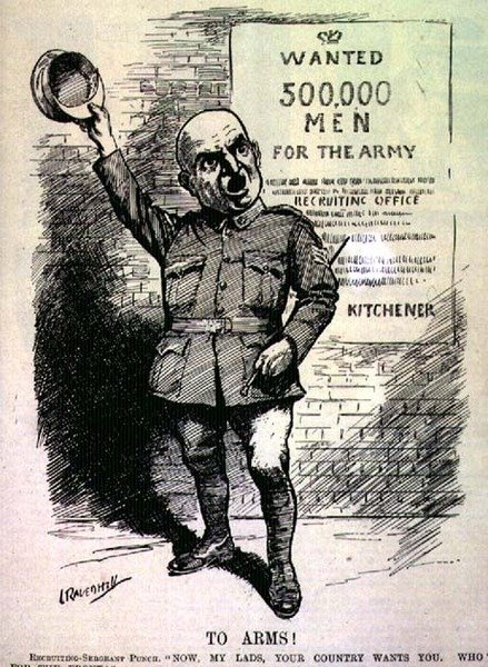 Til våpen! Rekrutteringssersjant Punch; "Nå, mine gutter, deres land vil ha dere. Hvem er for fronten?" fra 