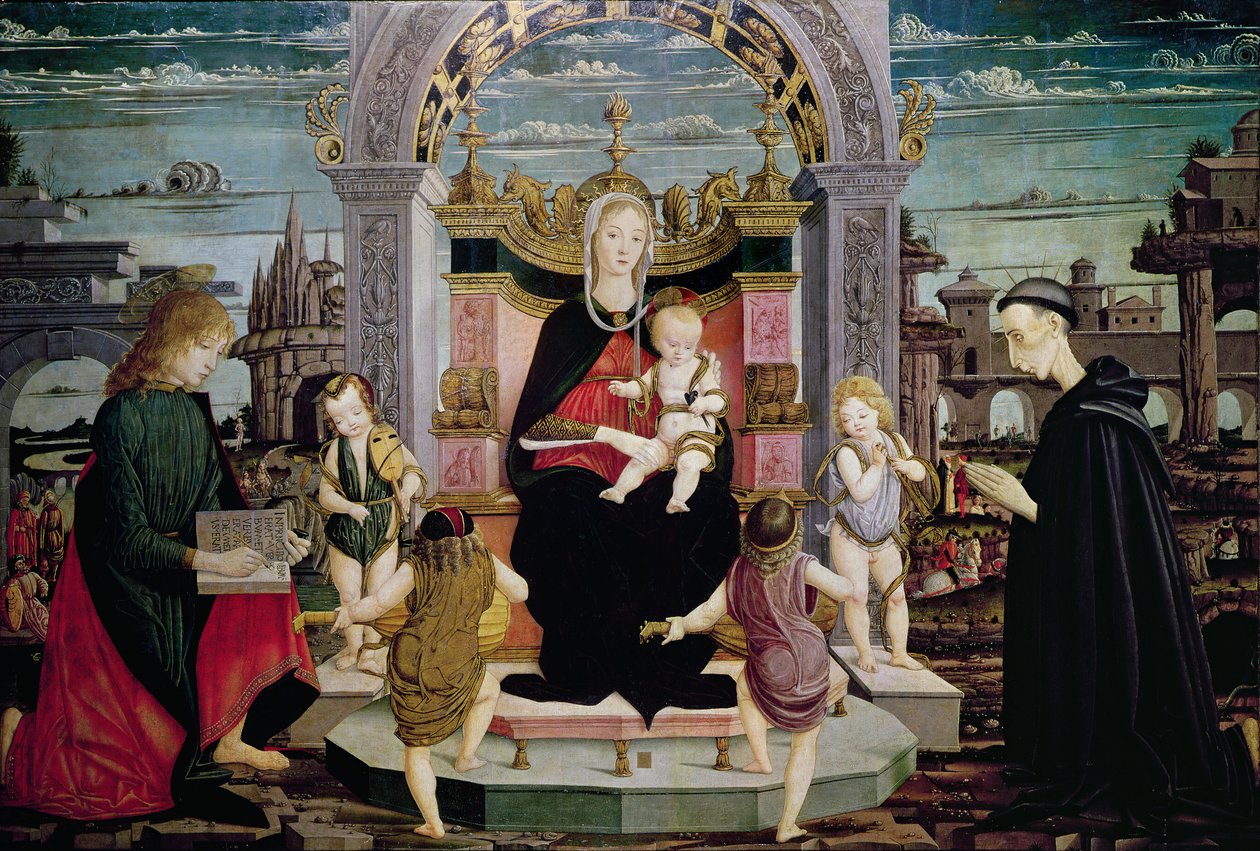 Jomfru og barn på tronen med St. Johannes evangelisten og den salige Giacomo Bertoni av Leonardo I Scaletti