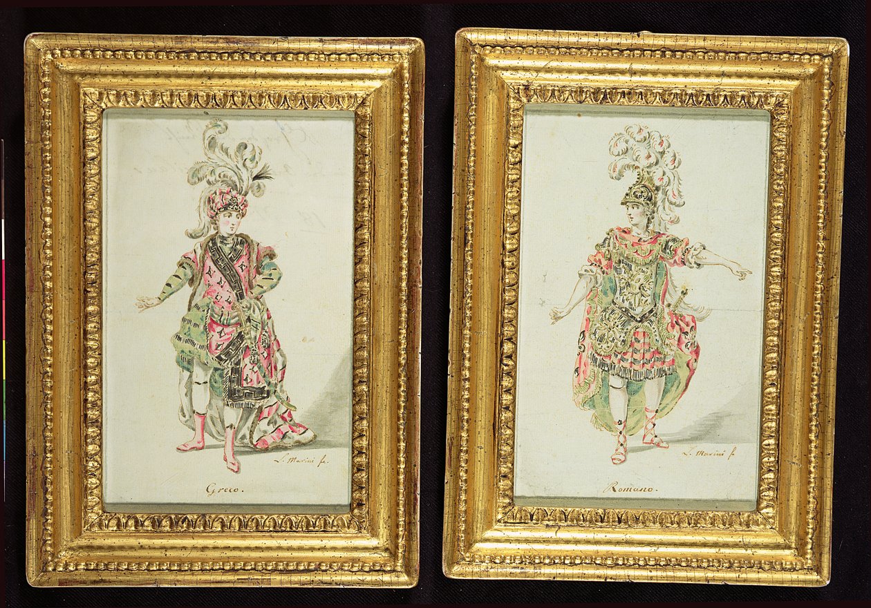 Design for en gresk og en romersk operakostyme, ca. 1770 (penn og blekk med wc på papir) av Leonardo Marini