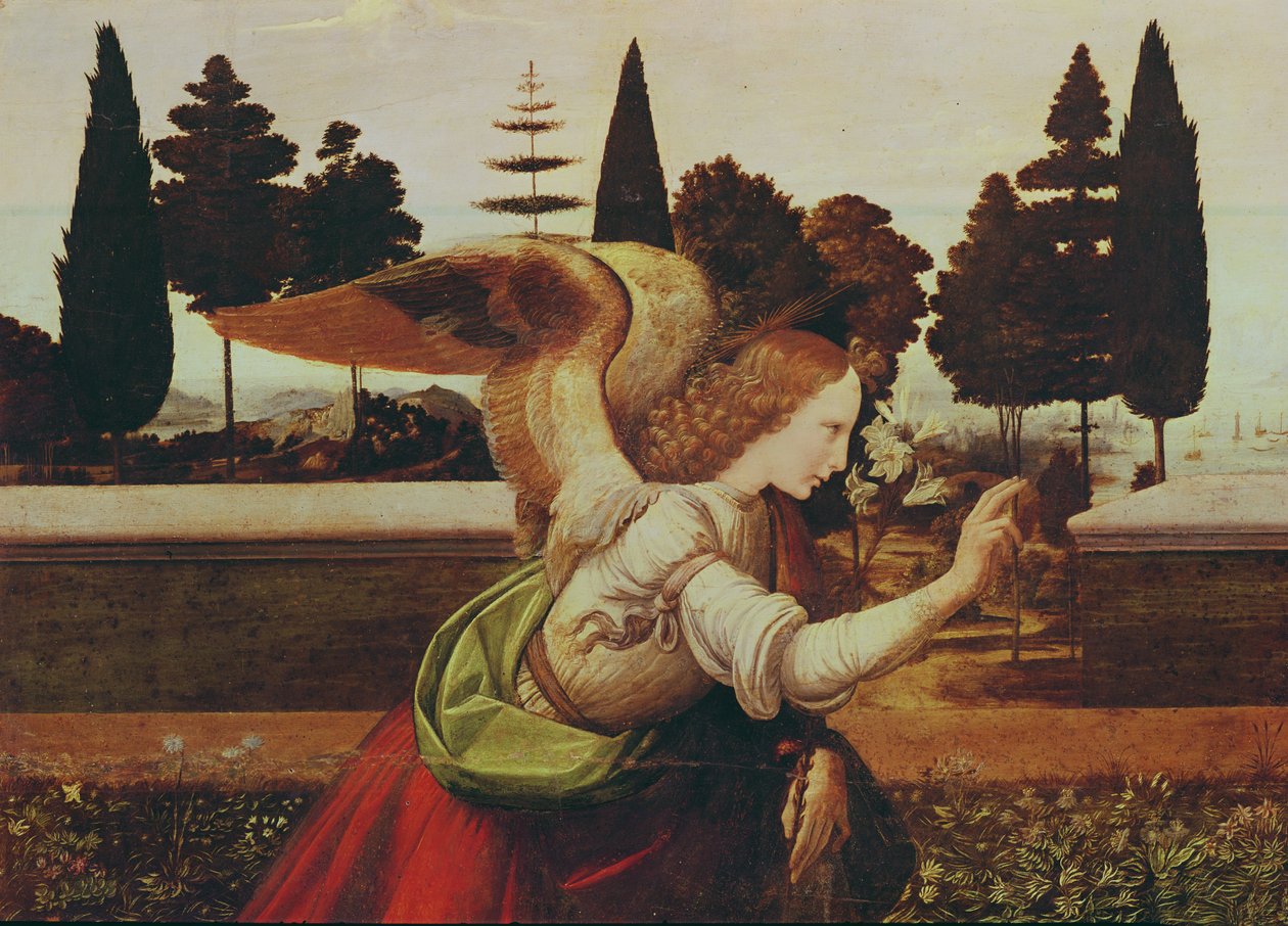 Angel Gabriel, detalj fra kunngjøringen, 1472-75 (detalj av 140570) av Leonardo da Vinci