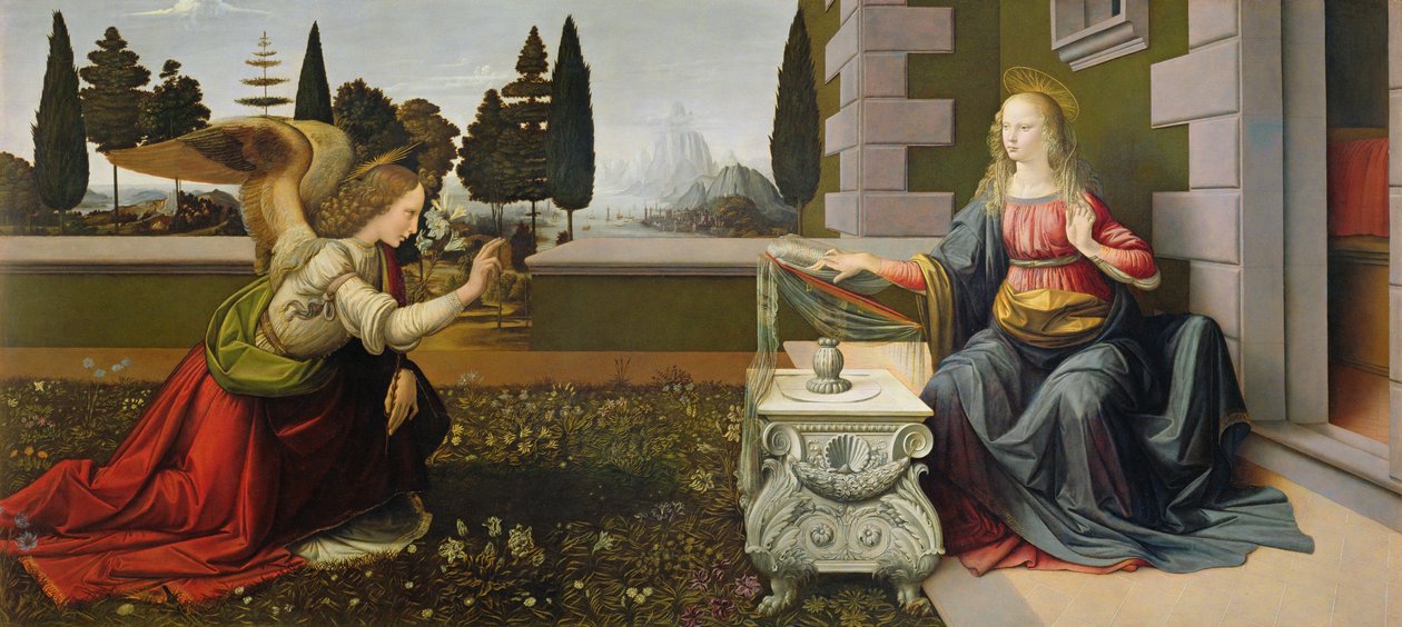 Annunciation, 1472-75 (etter restaurering) av Leonardo da Vinci